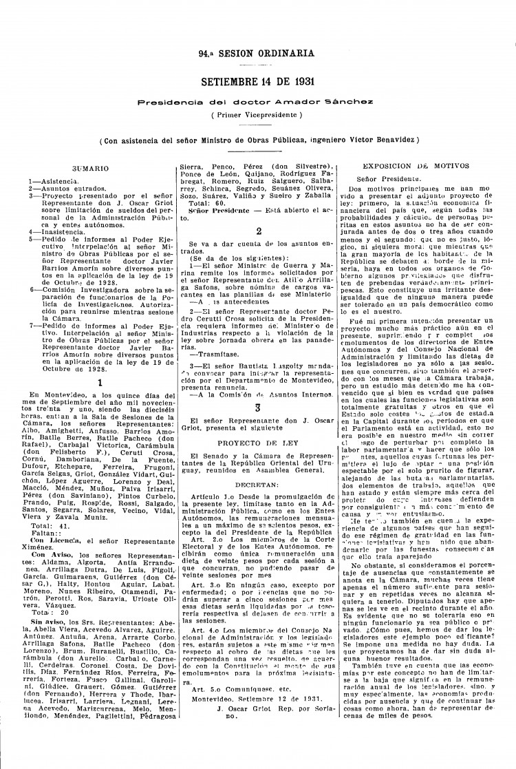 DIARIO DE SESIONES DE LA CAMARA DE REPRESENTANTES del 14/09/1931